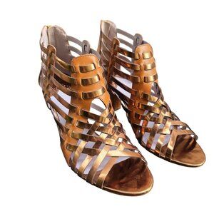 Johnston and Murphy Leather Evie Natural Gold Zip Bootie Leather Heels